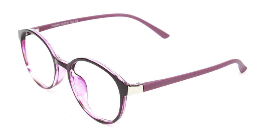 side pose of Unico pink round eyeglasses