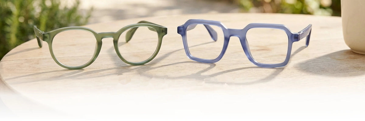 Bold & Vibrant. Everyday glasses in rich blue and green acetate.