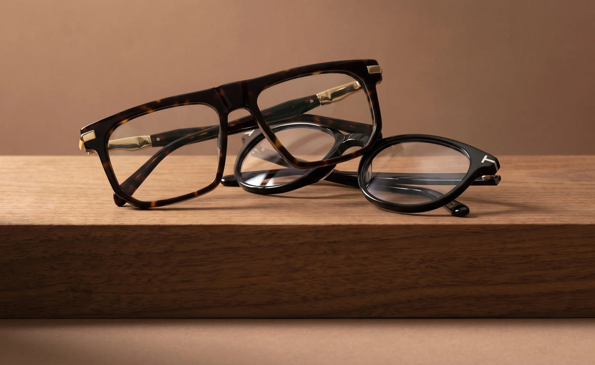 Kade in tortoise resting on Holm in black, two acetate eyeglasses on a walnut block, a small metal T at each hinge.