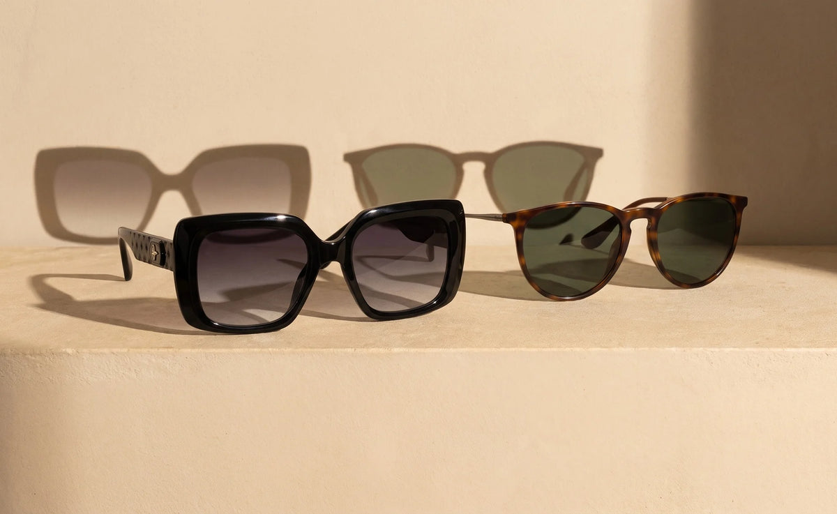 Belvion black square sunglasses beside Wren round tortoise sunglasses on a sunlit sand-colour ledge, hard shadows cast on the wall behind.