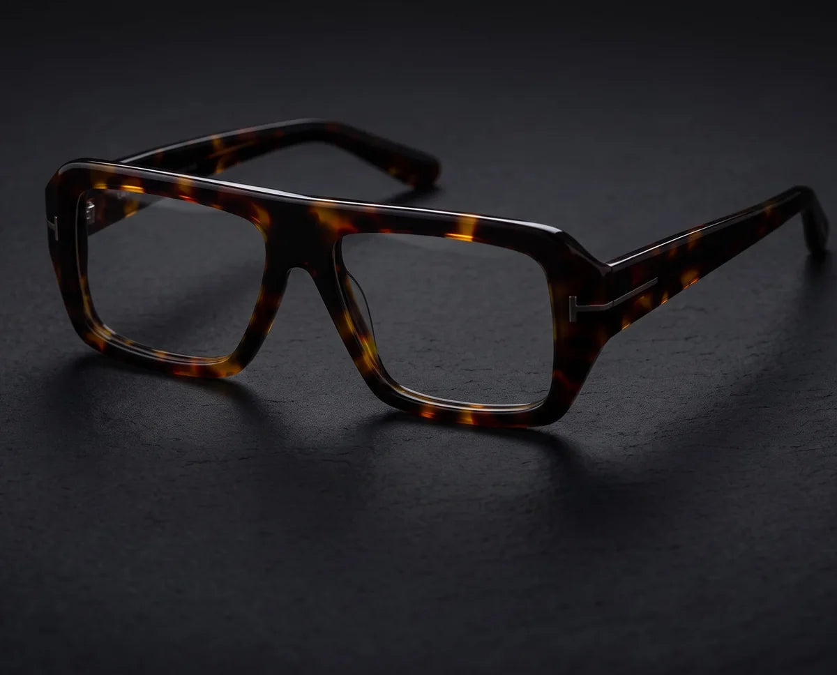 Thick Acetate. Crag frame in tortoise acetate with a small metal T at the hinge.