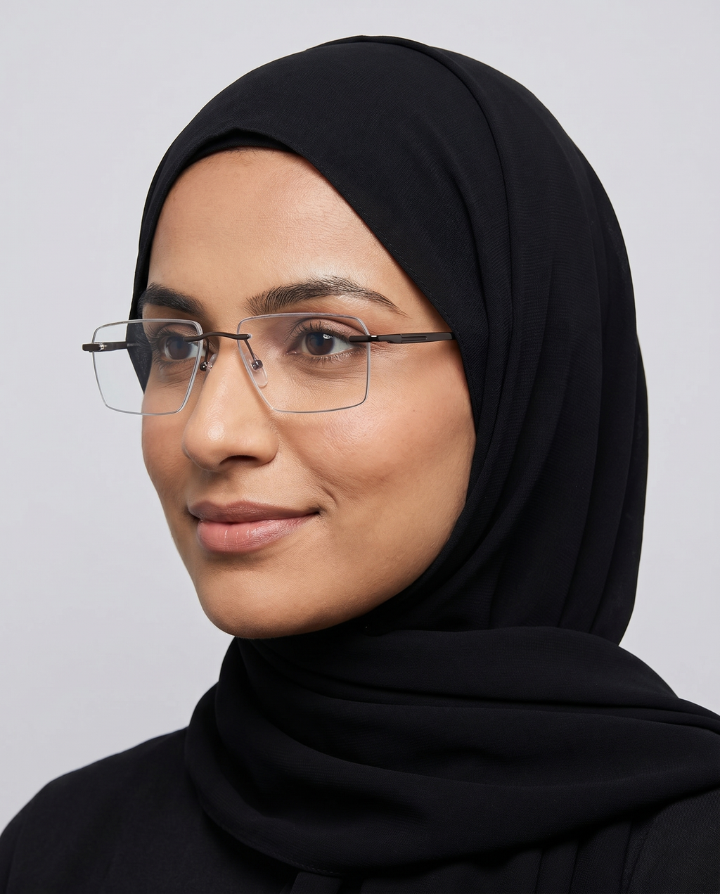 Woman wearing Kikina rimless eyeglasses