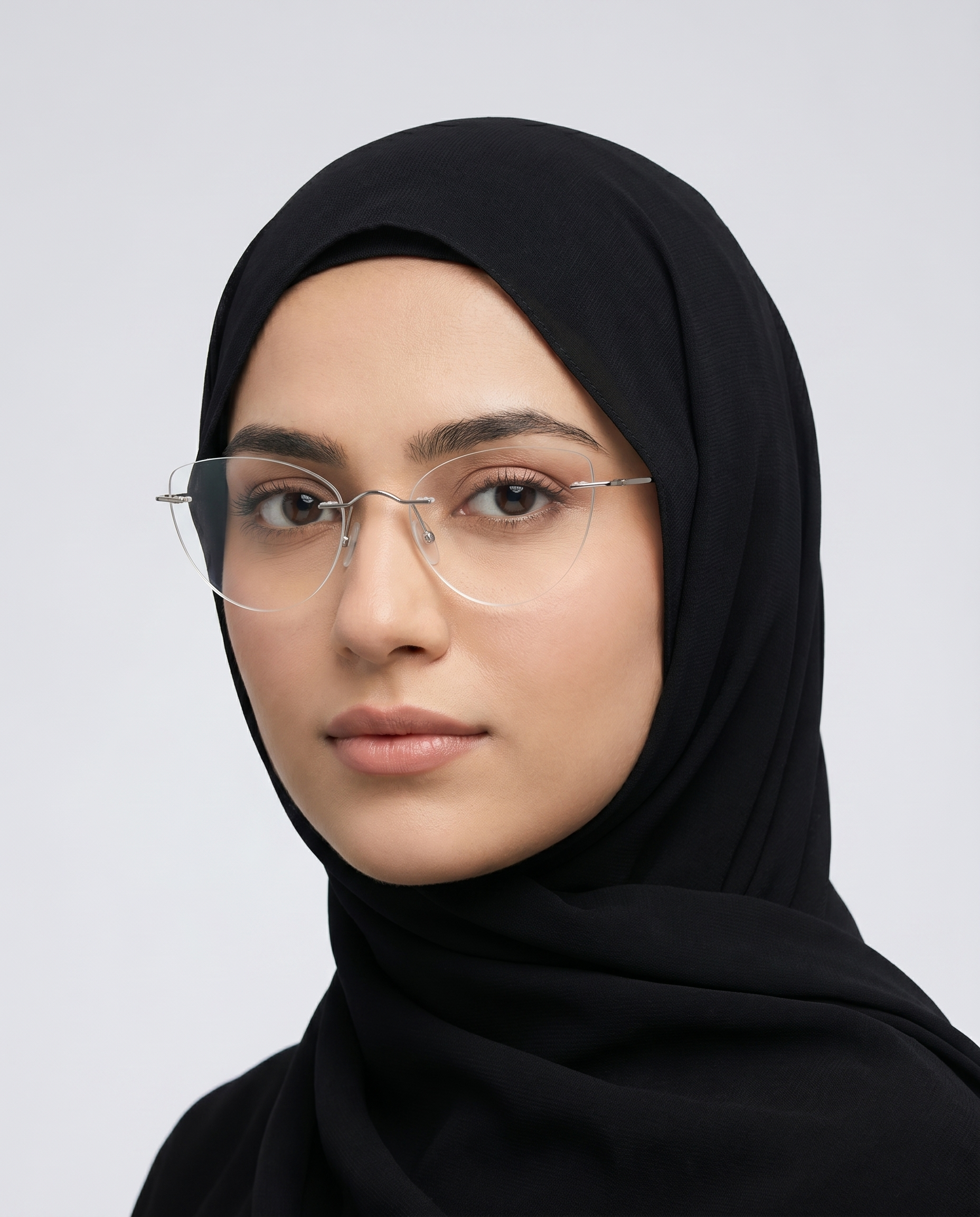 Intensific rimless eyeglasses worn by a model