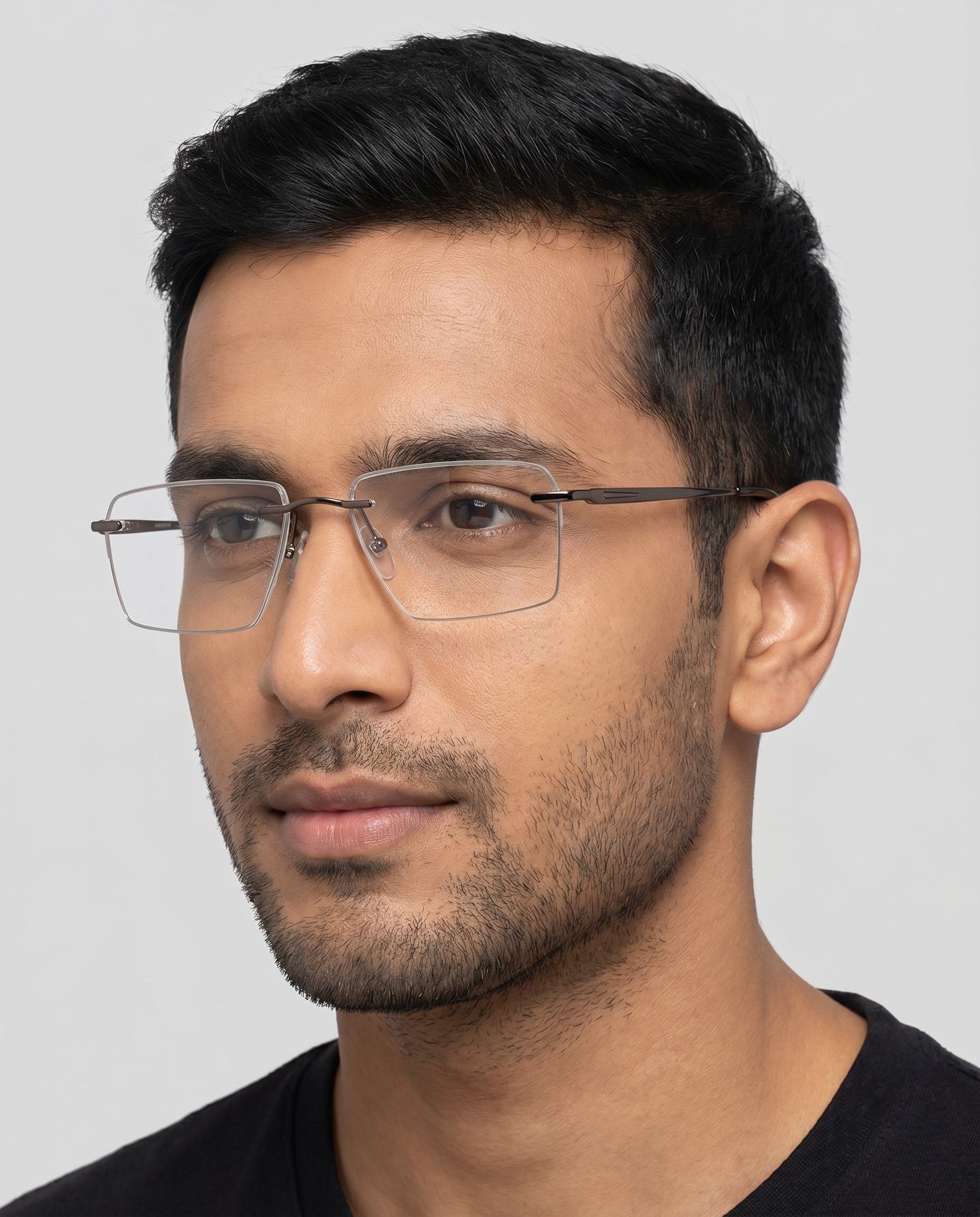 Man wearing Kikina rimless eyeglasses