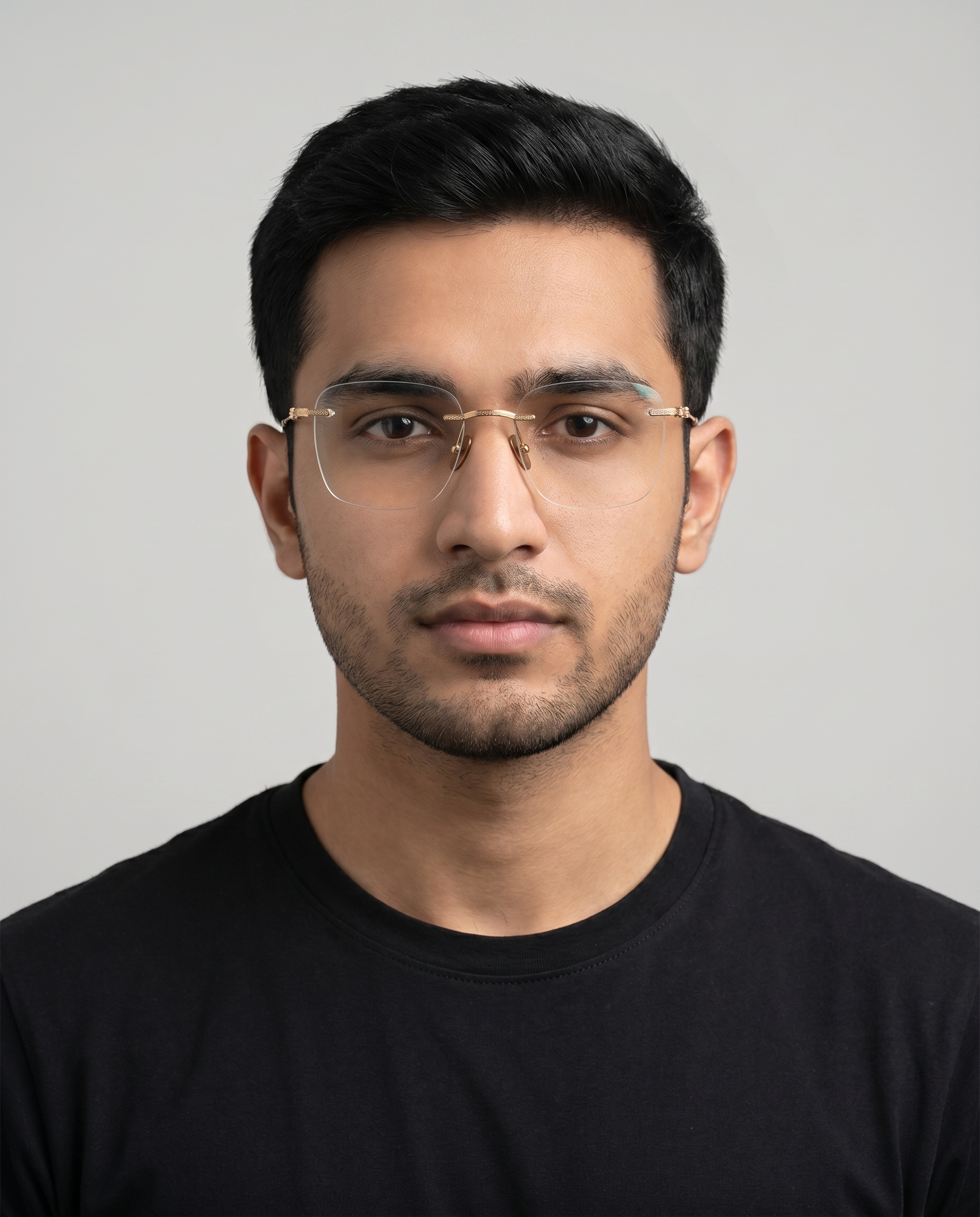 Diamante rimless eyeglasses worn by a model
