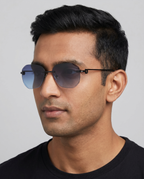 Man wearing Plima rimless eyeglasses