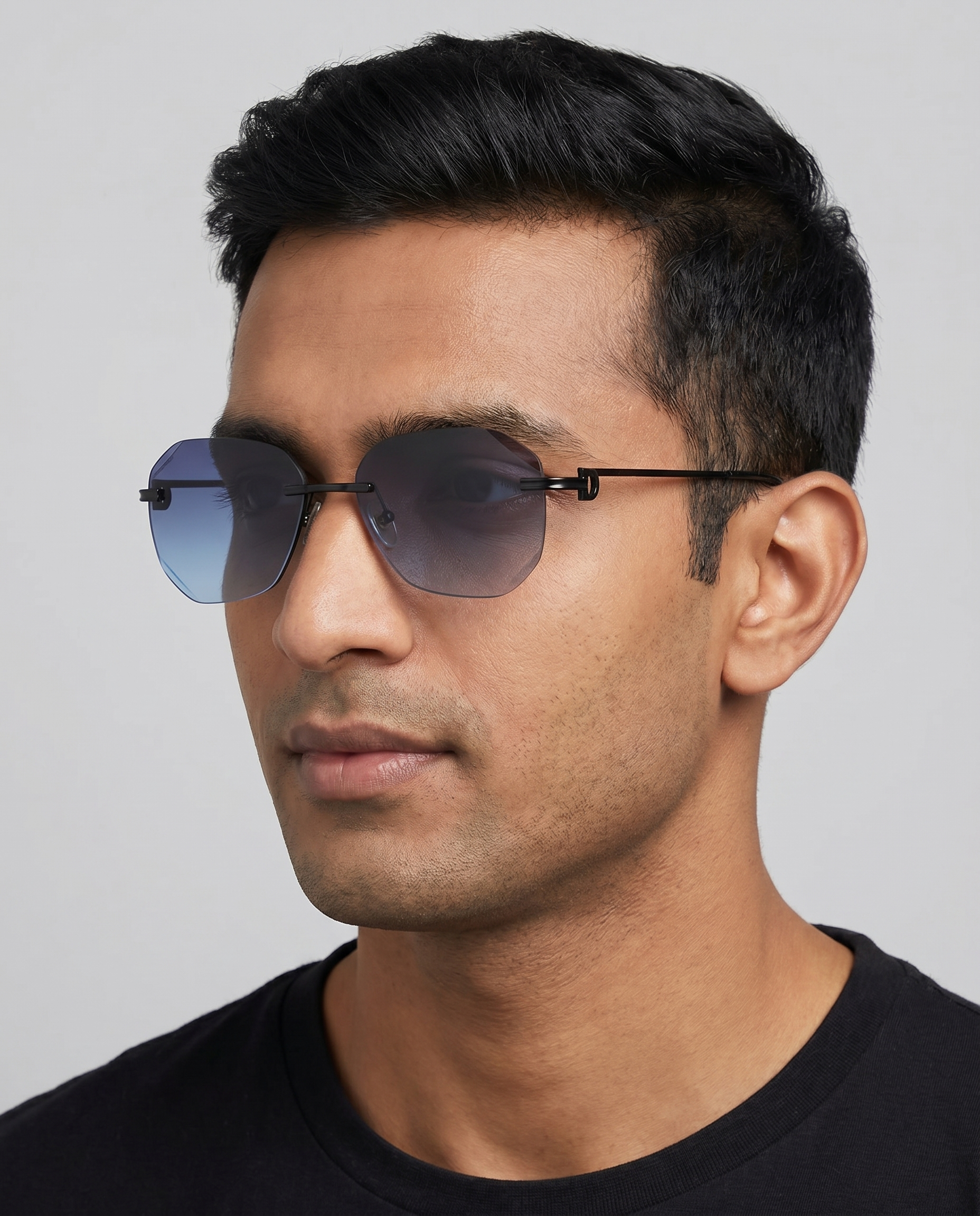 Man wearing Plima rimless eyeglasses