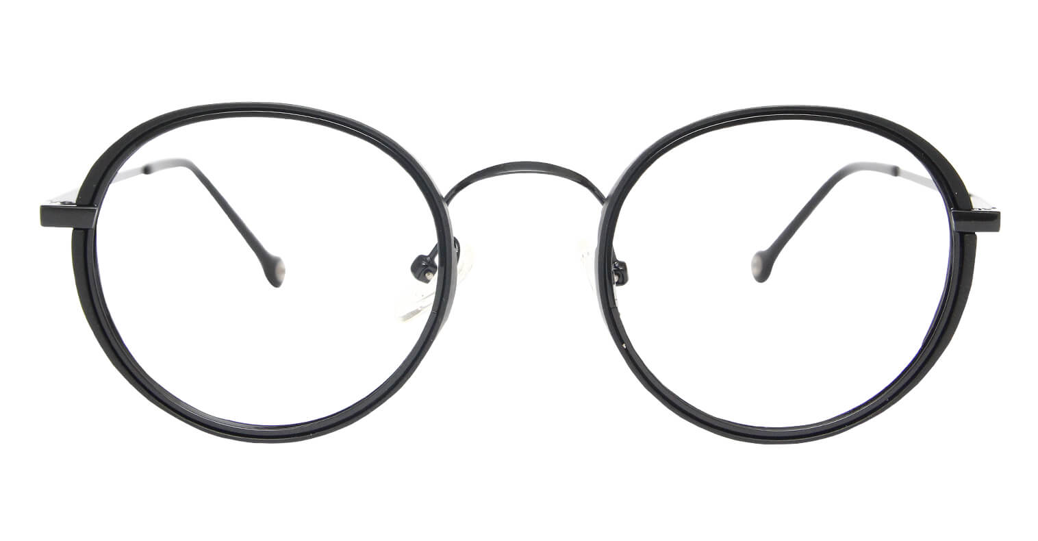 front side of Bonega black round eyeglasses