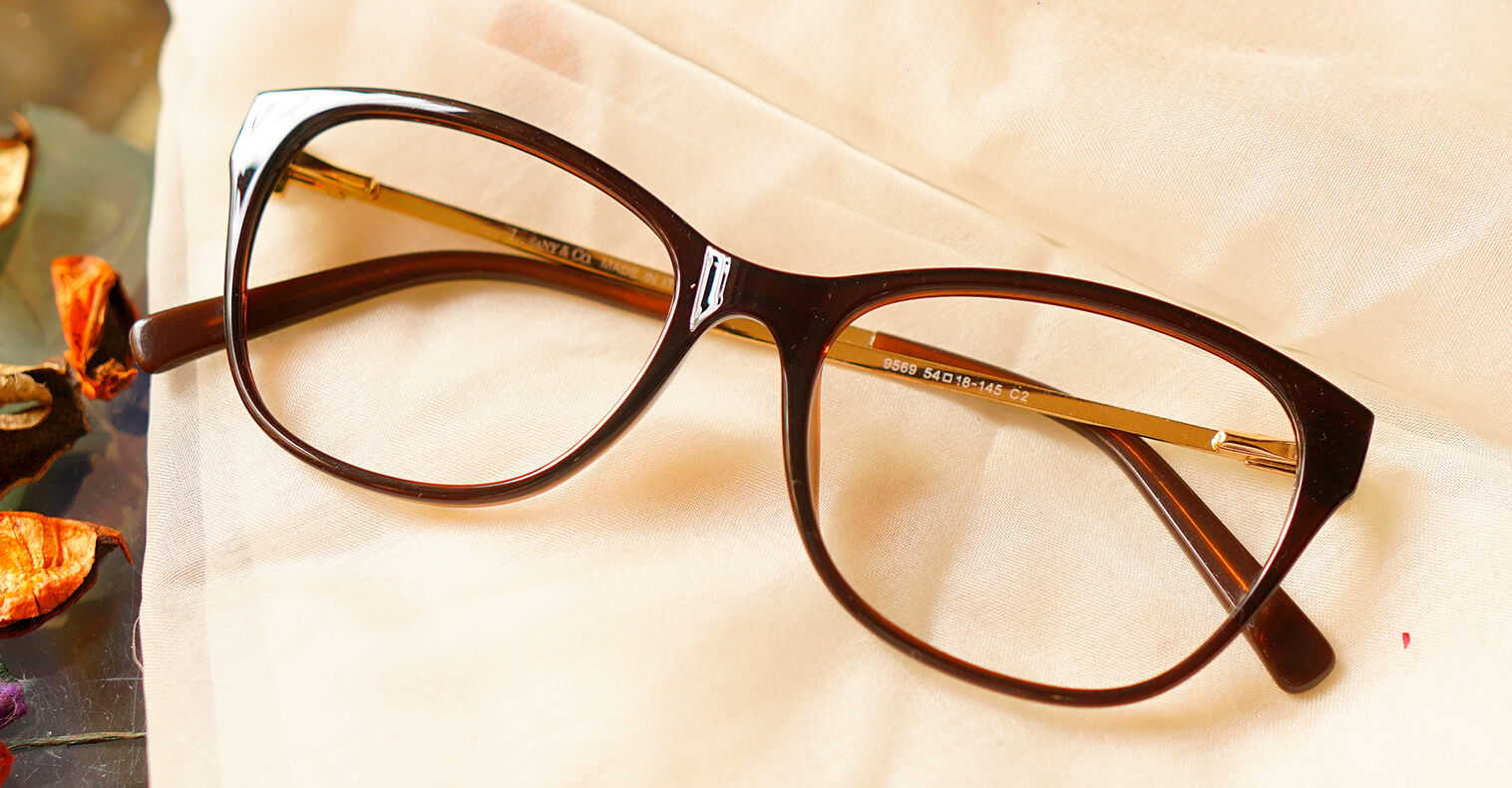 Crystalline brown eyeglasses placed on the table
